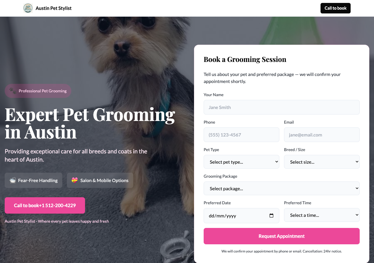 Hyperpage example: Austin Pet Stylist